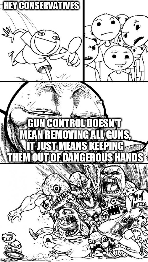 Hey Internet | HEY CONSERVATIVES; GUN CONTROL DOESN'T MEAN REMOVING ALL GUNS, IT JUST MEANS KEEPING THEM OUT OF DANGEROUS HANDS | image tagged in memes,hey internet,gun control,dangerous,potentially dangerous,doesn't mean what you think it means | made w/ Imgflip meme maker