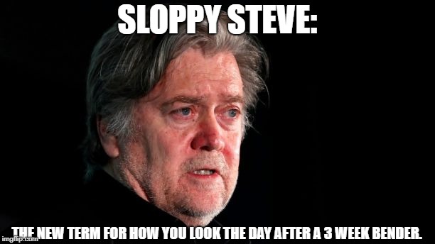 The Bannon Bender | SLOPPY STEVE:; THE NEW TERM FOR HOW YOU LOOK THE DAY AFTER A 3 WEEK BENDER. | image tagged in steve bannon,trump nicknames,hungover | made w/ Imgflip meme maker