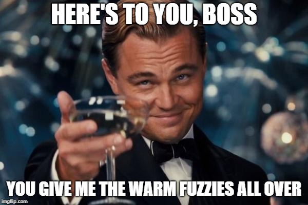 Leonardo Dicaprio Cheers | HERE'S TO YOU, BOSS; YOU GIVE ME THE WARM FUZZIES ALL OVER | image tagged in memes,leonardo dicaprio cheers | made w/ Imgflip meme maker