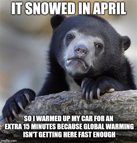 Confession Bear | IT SNOWED IN APRIL; SO I WARMED UP MY CAR FOR AN EXTRA 15 MINUTES BECAUSE GLOBAL WARMING ISN'T GETTING HERE FAST ENOUGH | image tagged in memes,confession bear | made w/ Imgflip meme maker