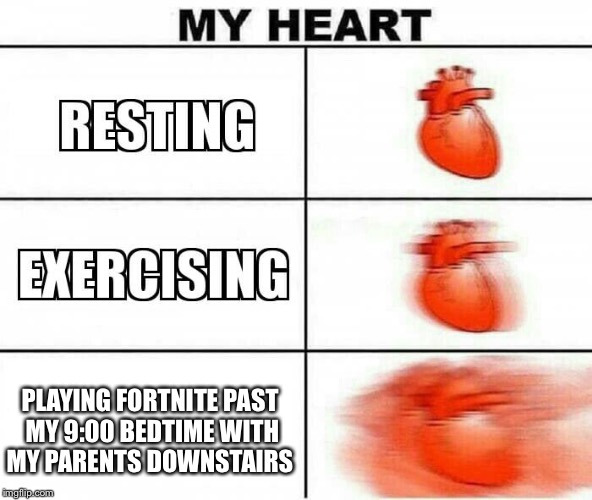 MY HEART | PLAYING FORTNITE PAST MY 9:00 BEDTIME WITH MY PARENTS DOWNSTAIRS | image tagged in my heart | made w/ Imgflip meme maker