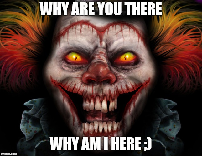 scary clown | WHY ARE YOU THERE; WHY AM I HERE ;) | image tagged in scary clown | made w/ Imgflip meme maker