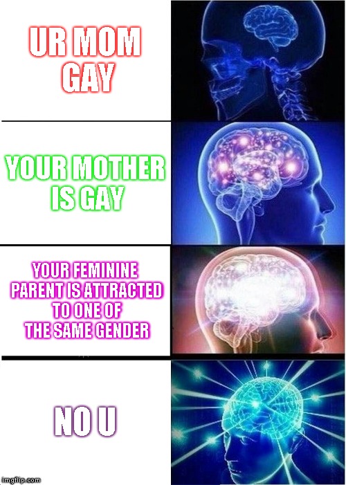 Expanding Brain | UR MOM GAY; YOUR MOTHER IS GAY; YOUR FEMININE PARENT IS ATTRACTED TO ONE OF THE SAME GENDER; NO U | image tagged in memes,expanding brain | made w/ Imgflip meme maker