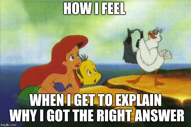 Today I admit what a stuck up intellectual snob I am | HOW I FEEL; WHEN I GET TO EXPLAIN WHY I GOT THE RIGHT ANSWER | image tagged in school,disney,scuttle,nerds,the little mermaid,memes | made w/ Imgflip meme maker