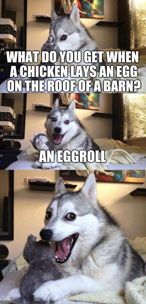 Yum, Chinese!
Chicken Week!  | WHAT DO YOU GET WHEN A CHICKEN LAYS AN EGG ON THE ROOF OF A BARN? AN EGGROLL | image tagged in memes,bad pun dog | made w/ Imgflip meme maker