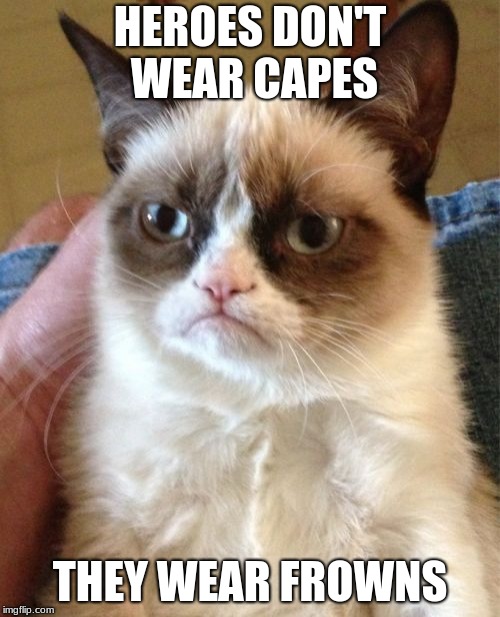 Grumpy Cat Meme | HEROES DON'T WEAR CAPES; THEY WEAR FROWNS | image tagged in memes,grumpy cat | made w/ Imgflip meme maker