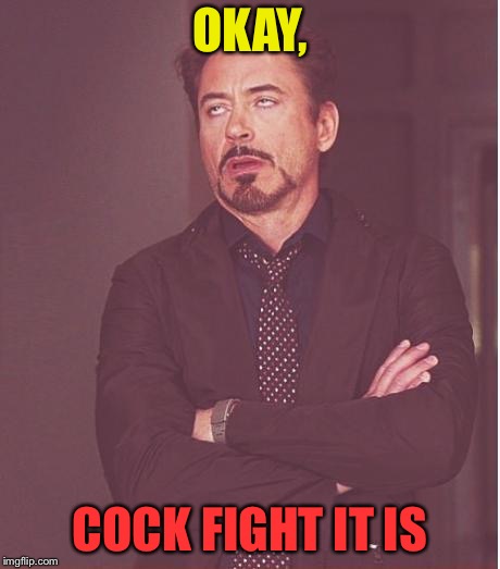 Face You Make Robert Downey Jr Meme | OKAY, COCK FIGHT IT IS | image tagged in memes,face you make robert downey jr | made w/ Imgflip meme maker