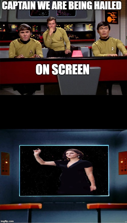 captain we are being hailed   | CAPTAIN WE ARE BEING HAILED; ON SCREEN | image tagged in star trek | made w/ Imgflip meme maker