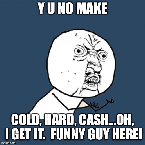 Y U No Meme | Y U NO MAKE COLD, HARD, CASH...OH, I GET IT.  FUNNY GUY HERE! | image tagged in memes,y u no | made w/ Imgflip meme maker