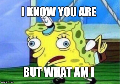 Mocking Spongebob Meme | I KNOW YOU ARE BUT WHAT AM I | image tagged in memes,mocking spongebob | made w/ Imgflip meme maker