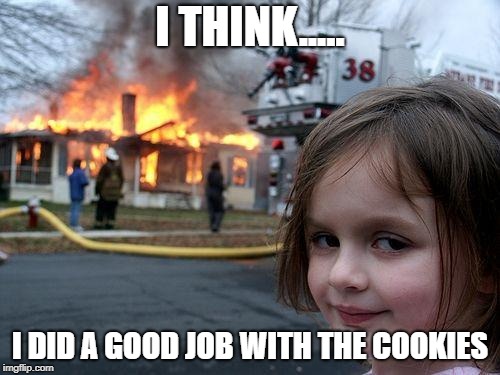 Disaster Girl | I THINK..... I DID A GOOD JOB WITH THE COOKIES | image tagged in memes,disaster girl | made w/ Imgflip meme maker