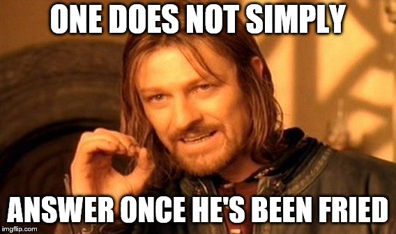 One Does Not Simply Meme | ONE DOES NOT SIMPLY ANSWER ONCE HE'S BEEN FRIED | image tagged in memes,one does not simply | made w/ Imgflip meme maker