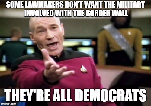 Border wall | SOME LAWMAKERS DON'T WANT THE MILITARY INVOLVED WITH THE BORDER WALL; THEY'RE ALL DEMOCRATS | image tagged in memes,picard wtf,democrats,border,wall | made w/ Imgflip meme maker