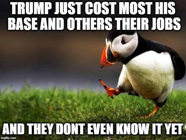 Unpopular Opinion Puffin Meme | TRUMP JUST COST MOST HIS BASE AND OTHERS THEIR JOBS; AND THEY DONT EVEN KNOW IT YET | image tagged in memes,unpopular opinion puffin | made w/ Imgflip meme maker