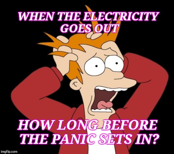 No electricity! | WHEN THE ELECTRICITY GOES OUT; HOW LONG BEFORE THE PANIC SETS IN? | image tagged in panic attack,electricity,video games,wtf | made w/ Imgflip meme maker