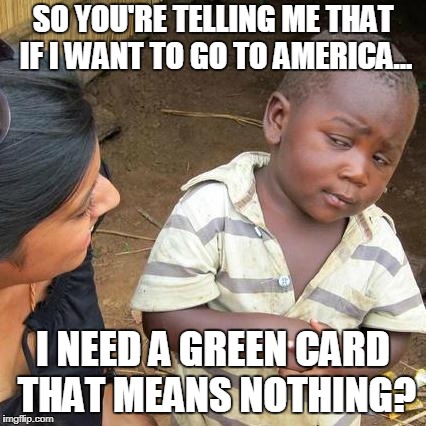 Third World Skeptical Kid | SO YOU'RE TELLING ME THAT IF I WANT TO GO TO AMERICA... I NEED A GREEN CARD THAT MEANS NOTHING? | image tagged in memes,third world skeptical kid | made w/ Imgflip meme maker