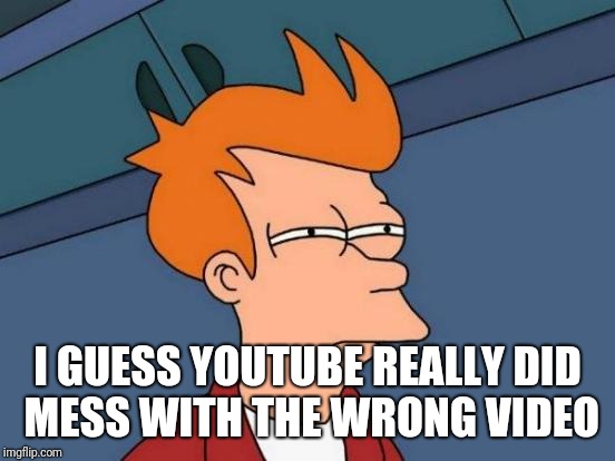 Futurama Fry Meme | I GUESS YOUTUBE REALLY DID MESS WITH THE WRONG VIDEO | image tagged in memes,futurama fry,youtube | made w/ Imgflip meme maker