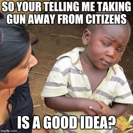 Third World Skeptical Kid Meme | SO YOUR TELLING ME TAKING GUN AWAY FROM CITIZENS; IS A GOOD IDEA? | image tagged in memes,third world skeptical kid | made w/ Imgflip meme maker