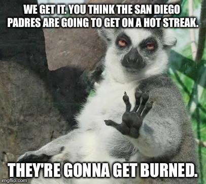 San Diego Padres have a hot streak of getting burned | WE GET IT. YOU THINK THE SAN DIEGO PADRES ARE GOING TO GET ON A HOT STREAK. THEY'RE GONNA GET BURNED. | image tagged in chill out lemur,memes,san diego,baseball,burn,sport | made w/ Imgflip meme maker