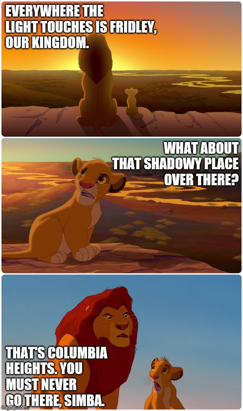 Lion King Meme | EVERYWHERE THE LIGHT TOUCHES IS FRIDLEY, OUR KINGDOM. WHAT ABOUT THAT SHADOWY PLACE OVER THERE? THAT'S COLUMBIA HEIGHTS. YOU MUST NEVER GO THERE, SIMBA. | image tagged in lion king meme | made w/ Imgflip meme maker