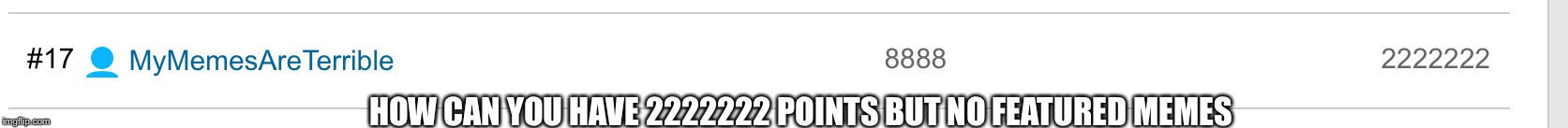 God? Glitch? Hack? | HOW CAN YOU HAVE 2222222 POINTS BUT NO FEATURED MEMES | image tagged in 2222222 | made w/ Imgflip meme maker