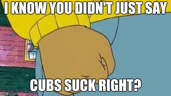 Arthur Fist Meme | I KNOW YOU DIDN'T JUST SAY; CUBS SUCK RIGHT? | image tagged in memes,arthur fist | made w/ Imgflip meme maker