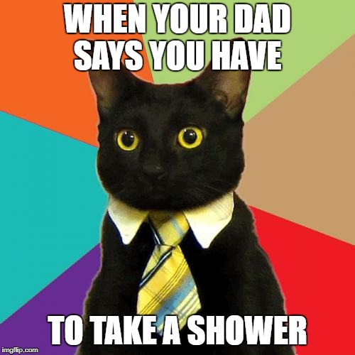 Business Cat Meme | WHEN YOUR DAD SAYS YOU HAVE; TO TAKE A SHOWER | image tagged in memes,business cat | made w/ Imgflip meme maker