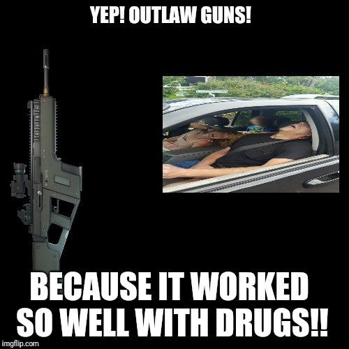 YEP! OUTLAW GUNS! BECAUSE IT WORKED SO WELL WITH DRUGS!! | image tagged in ban on assault rifles marchforourlives | made w/ Imgflip meme maker