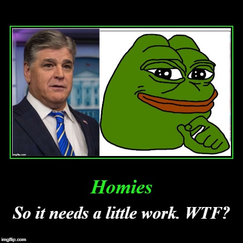 Homies: Hannity & PePe | image tagged in funny,demotivationals,sean hannity,pepe the frog,homies | made w/ Imgflip demotivational maker