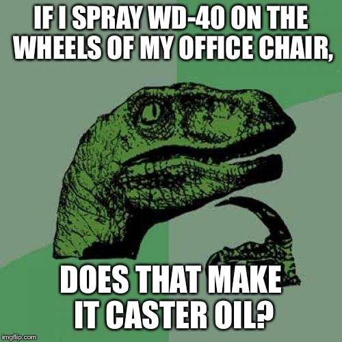 Philosoraptor | IF I SPRAY WD-40 ON THE WHEELS OF MY OFFICE CHAIR, DOES THAT MAKE IT CASTER OIL? | image tagged in memes,philosoraptor,wd-40,oil | made w/ Imgflip meme maker