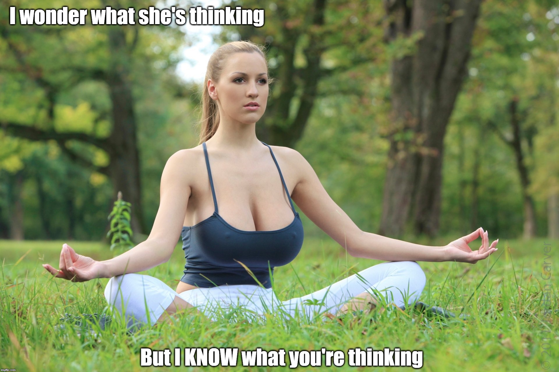 Have a piece. Of mind. | I wonder what she's thinking; But I KNOW what you're thinking | image tagged in memes | made w/ Imgflip meme maker