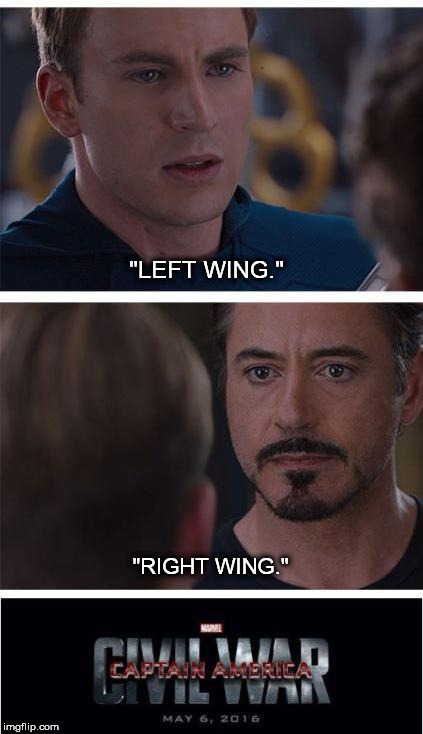 Political | "LEFT WING."; "RIGHT WING." | image tagged in captain america civil war,political,left wing,right wing,middle wing | made w/ Imgflip meme maker