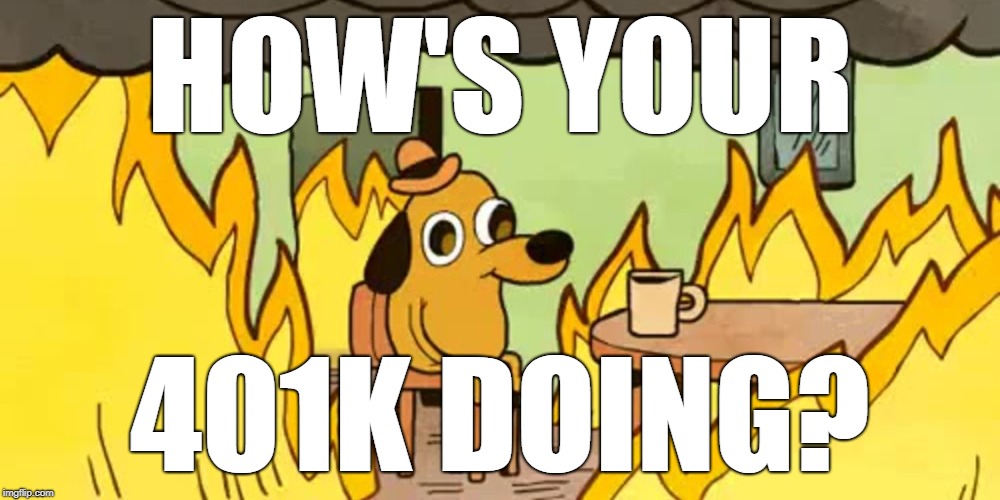 House on fire dog | HOW'S YOUR; 401K DOING? | image tagged in house on fire dog | made w/ Imgflip meme maker