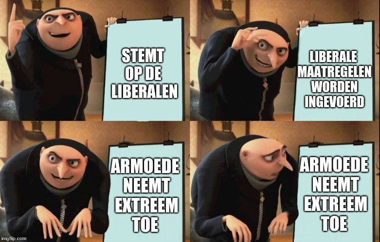 Gru's Plan Meme | LIBERALE MAATREGELEN WORDEN INGEVOERD; STEMT OP DE
 LIBERALEN; ARMOEDE NEEMT EXTREEM TOE; ARMOEDE NEEMT EXTREEM TOE | image tagged in despicable me diabolical plan gru template | made w/ Imgflip meme maker