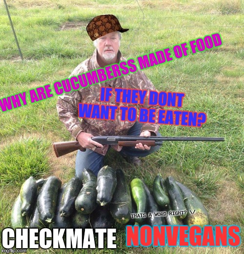 Vegan Hunter | WHY ARE CUCUMBERSS MADE OF FOOD; IF THEY DONT WANT TO BE EATEN? THATS A WORD RIGHT? \/; CHECKMATE; NONVEGANS | image tagged in vegan hunter,scumbag | made w/ Imgflip meme maker