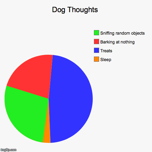 Dog Thoughts | Sleep, Treats, Barking at nothing, Sniffing random objects | image tagged in funny,pie charts | made w/ Imgflip chart maker