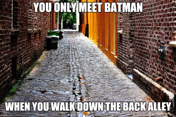 YOU ONLY MEET BATMAN; WHEN YOU WALK DOWN THE BACK ALLEY | image tagged in city streets | made w/ Imgflip meme maker