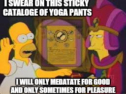 I SWEAR ON THIS STICKY CATALOGE OF YOGA PANTS I WILL ONLY MEDATATE FOR GOOD AND ONLY SOMETIMES FOR PLEASURE | made w/ Imgflip meme maker
