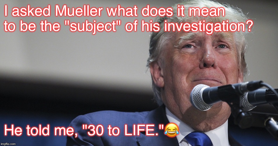 Trump Scared | I asked Mueller what does it mean to be the "subject" of his investigation? He told me, "30 to LIFE."😂 | image tagged in trump scared | made w/ Imgflip meme maker