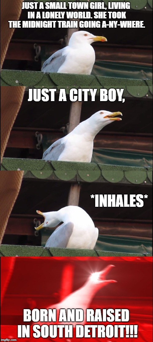 Inhaling Seagull Meme | JUST A SMALL TOWN GIRL, LIVING IN A LONELY WORLD. SHE TOOK THE MIDNIGHT TRAIN GOING A-NY-WHERE. JUST A CITY BOY, *INHALES*; BORN AND RAISED IN SOUTH DETROIT!!! | image tagged in memes,inhaling seagull | made w/ Imgflip meme maker