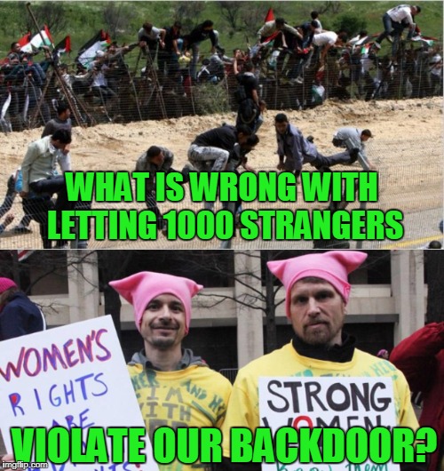 Liberals Say The Darnest Things | WHAT IS WRONG WITH LETTING 1000 STRANGERS; VIOLATE OUR BACKDOOR? | image tagged in funny,1000 illegals,liberals | made w/ Imgflip meme maker