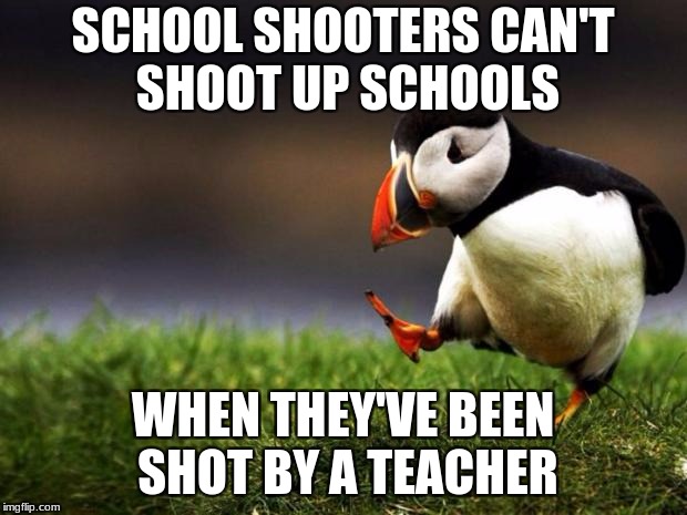 Try doing anything after being shot, you'll be too scared. | SCHOOL SHOOTERS CAN'T SHOOT UP SCHOOLS; WHEN THEY'VE BEEN SHOT BY A TEACHER | image tagged in memes,unpopular opinion puffin,guns | made w/ Imgflip meme maker
