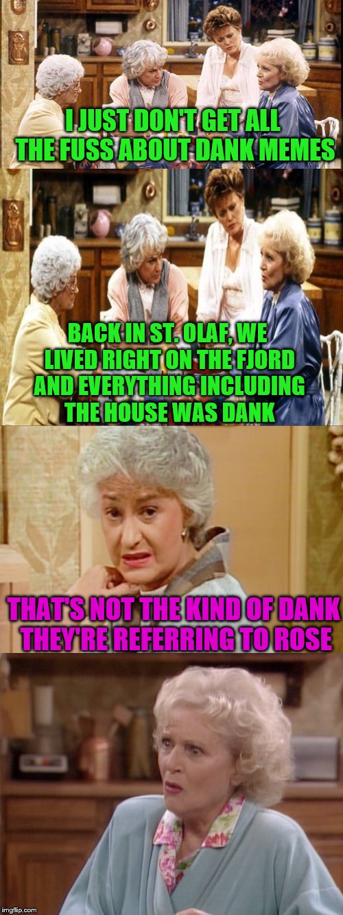 Rose was "OD"... "Original Dank".  | I JUST DON'T GET ALL THE FUSS ABOUT DANK MEMES; BACK IN ST. OLAF, WE LIVED RIGHT ON THE FJORD AND EVERYTHING INCLUDING THE HOUSE WAS DANK; THAT'S NOT THE KIND OF DANK THEY'RE REFERRING TO ROSE | image tagged in memes,dank memes,golden girls,rose,st olaf | made w/ Imgflip meme maker