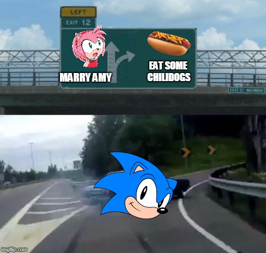 Sonic's Choice | EAT SOME CHILIDOGS; MARRY
AMY | image tagged in memes,left exit 12 off ramp | made w/ Imgflip meme maker