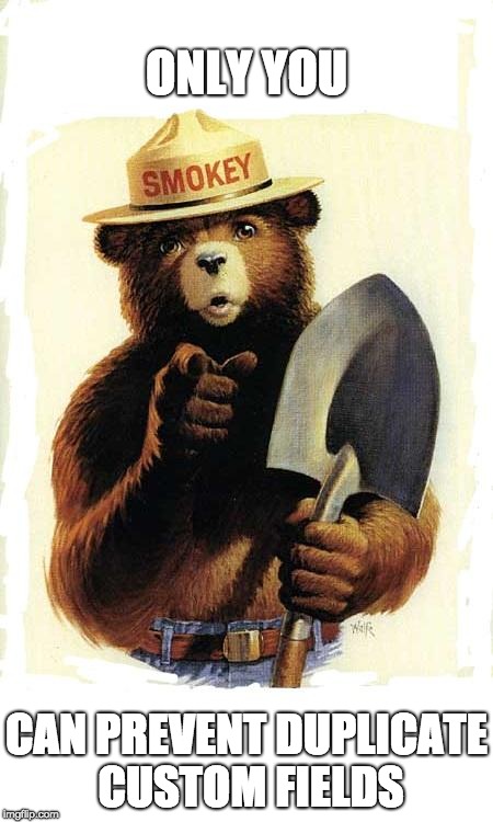 Smokey The Bear | ONLY YOU; CAN PREVENT DUPLICATE CUSTOM FIELDS | image tagged in smokey the bear | made w/ Imgflip meme maker