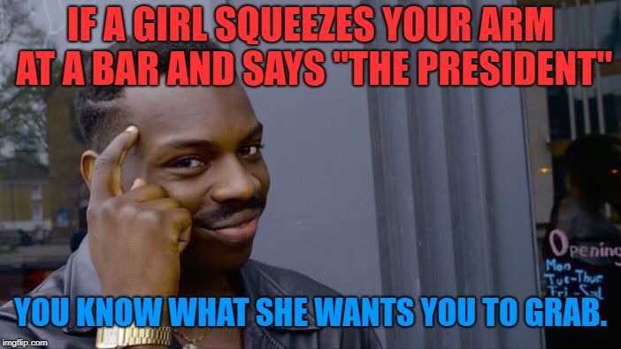 Roll Safe Think About It Meme | IF A GIRL SQUEEZES YOUR ARM AT A BAR AND SAYS "THE PRESIDENT"; YOU KNOW WHAT SHE WANTS YOU TO GRAB. | image tagged in memes,roll safe think about it | made w/ Imgflip meme maker