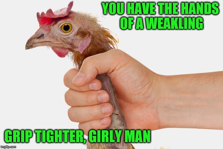 YOU HAVE THE HANDS OF A WEAKLING GRIP TIGHTER, GIRLY MAN | made w/ Imgflip meme maker