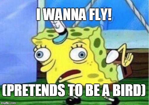 Mocking Spongebob | I WANNA FLY! (PRETENDS TO BE A BIRD) | image tagged in memes,mocking spongebob | made w/ Imgflip meme maker