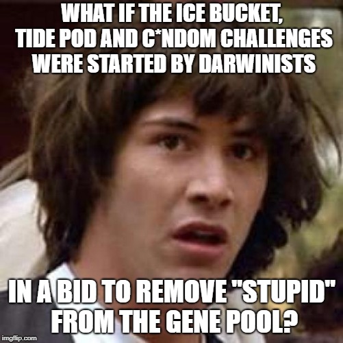 Hmmm... | WHAT IF THE ICE BUCKET, TIDE POD AND C*NDOM CHALLENGES WERE STARTED BY DARWINISTS; IN A BID TO REMOVE "STUPID" FROM THE GENE POOL? | image tagged in memes,conspiracy keanu,tide pod challenge,ice bucket challenge | made w/ Imgflip meme maker