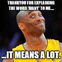 Thanks But No Thanks.... | THANKYOU FOR EXPLAINING THE WORD 'MANY' TO ME.... ...IT MEANS A LOT. | image tagged in smug kobe,sarcasm,oh really | made w/ Imgflip meme maker